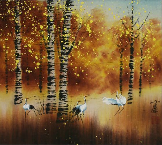 Autumn in Birch Forest - Asian Cranes Landscape Painting