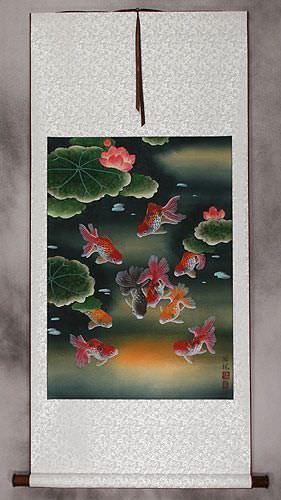 Gold Fish & Flowers - Asian Wall Scroll
