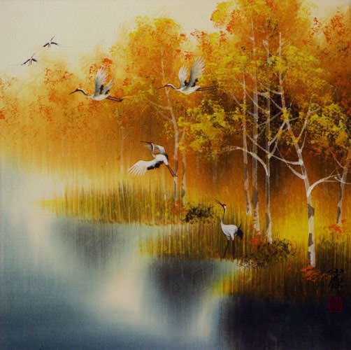 Autumn Rhyme - Colorful Asian Cranes Painting