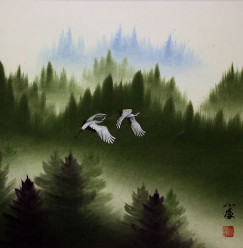 Companions - Colorful Cranes Landscape Painting