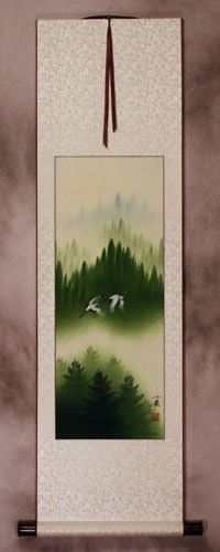 Companions Asian Cranes Landscape - Small Wall Scroll