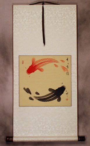 Antiqued Yin Yang Fish Silk Wall Scroll