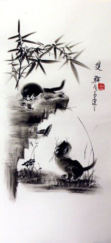 Kittens & Butterfly Charcoal Drawing