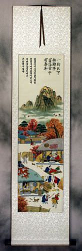 North Korean Village Scene Wall Scroll