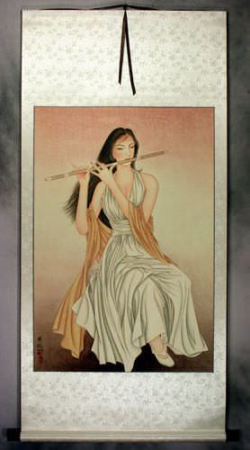 Beautiful Woman Playing Flute - Contemporary Chinese Art Wall Scroll