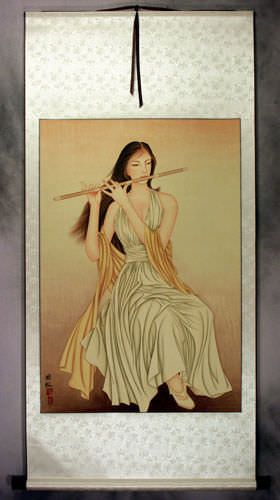 Beautiful Asian Woman Playing Flute - Wall Scroll