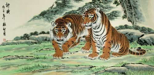 Invincible Might Asian Tigers Large Painting