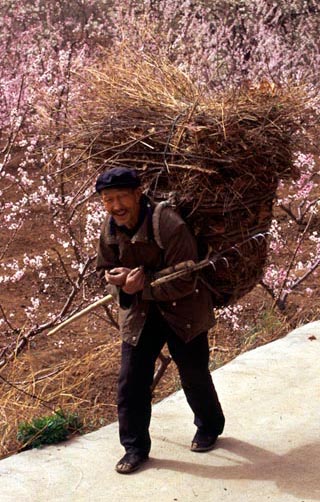Old Chinese man carries a backpack basket