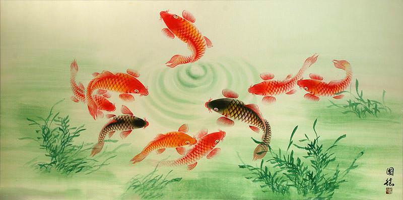 Chinese Koi Fish Large Painting - Chinese Artwork