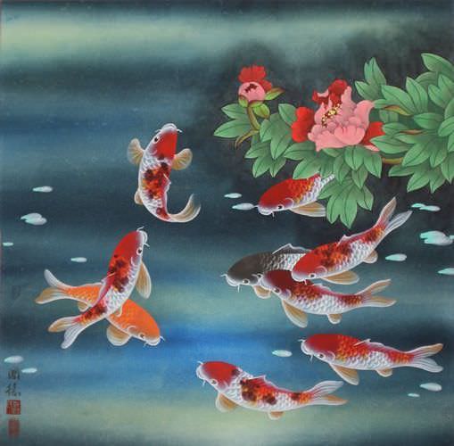 Nine Koi Fish and Flowers Asian Painting - Asian Koi Fish Paintings ...